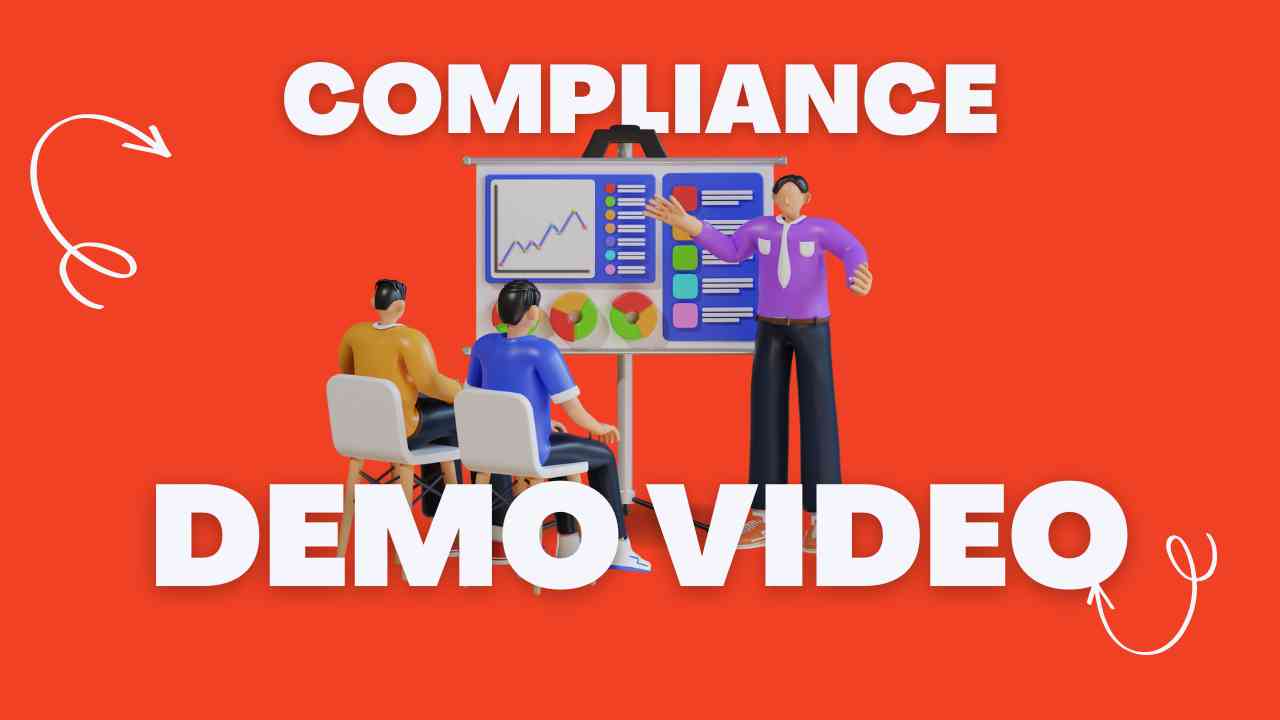 Compliance eLearning Demo Video thumbnail featuring a trainer and participants in a classroom setting on a red background